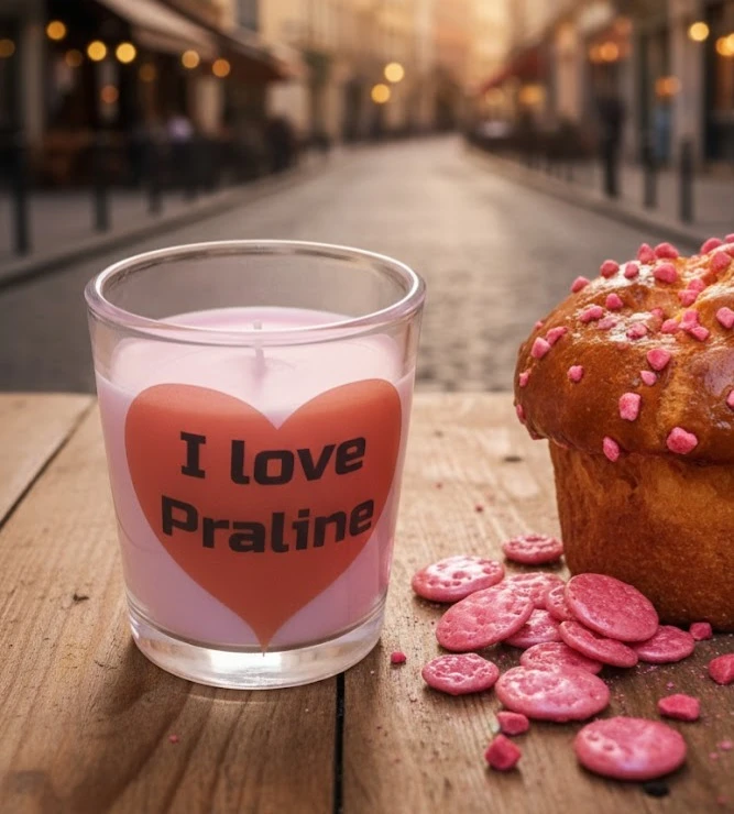 Petite bougie parfumée praline rose de Lyon